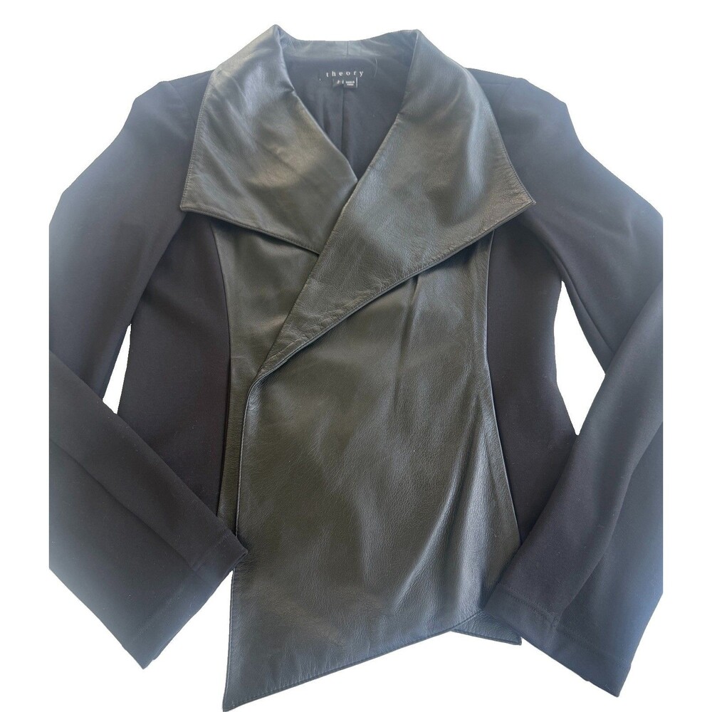Theory Sz S Black Brigida Open Front Drape Ponte and Lambskin Leather Jacket